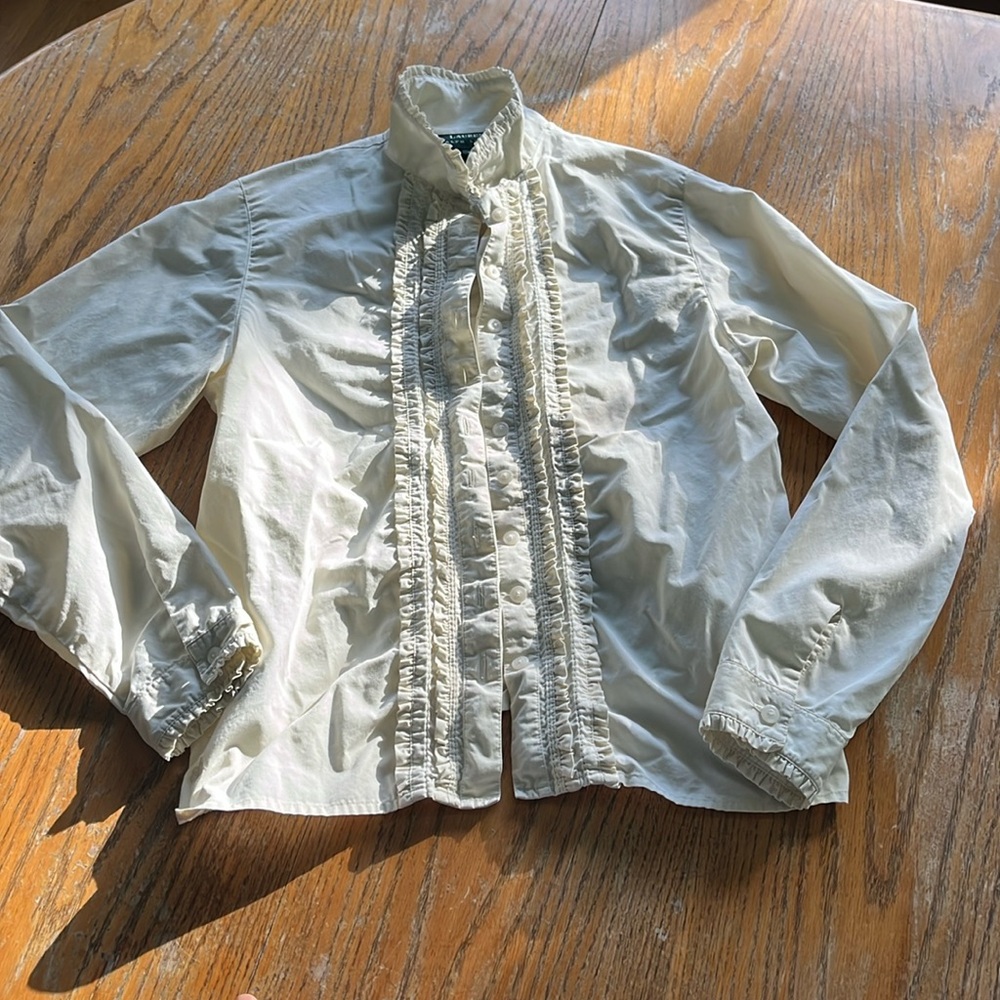 Women's Cream Ruffled Front Button-Up Top